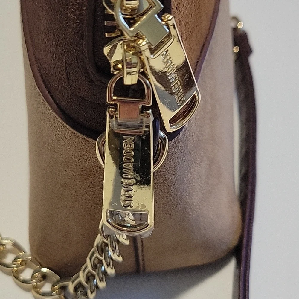 Brown and Tan Patchwork Crossbody Bag With Chain Detail Strap